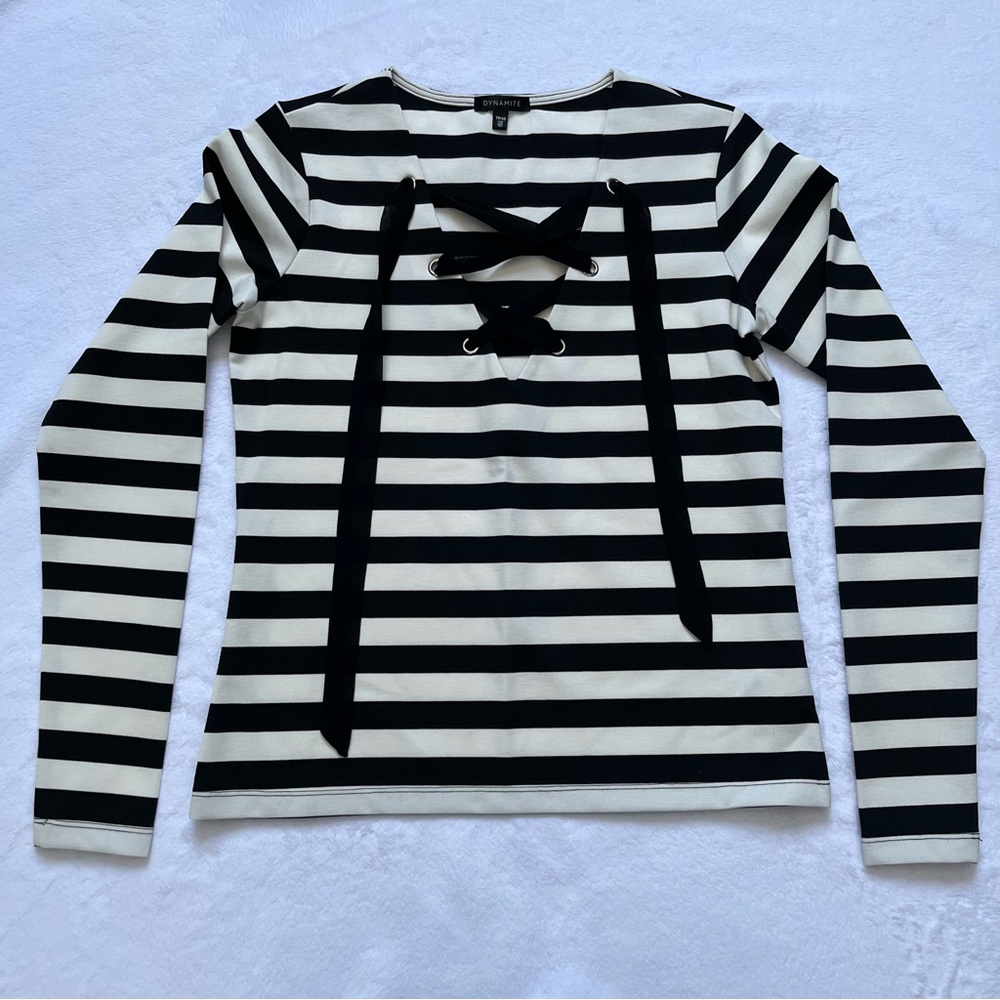 Dynamite black and white stripe long-sleeve lace-up top